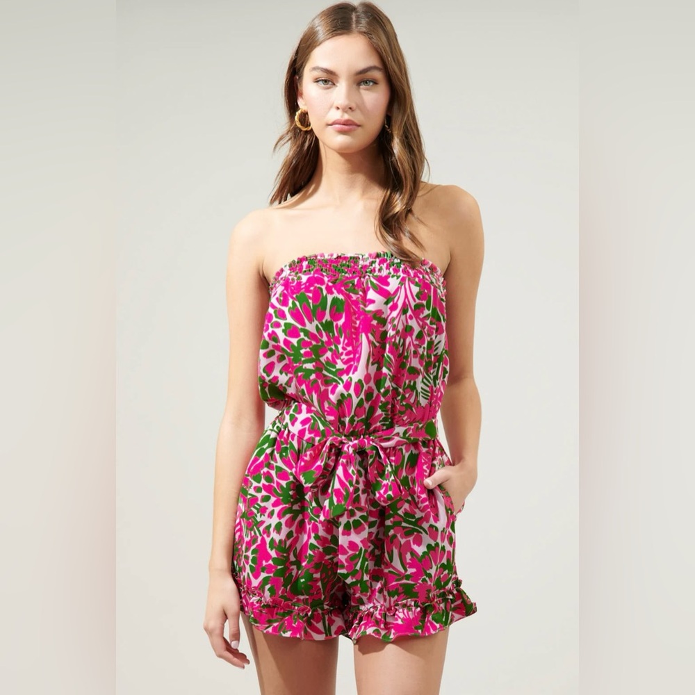 Sugar Lips Women's Pink Green Cienega Floral Frilly Strapless Tube Romper Size M